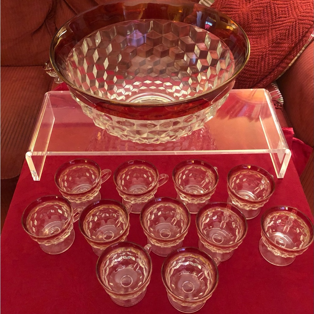 Clear Faceted Glass Serving Bowl with Red Rim -
